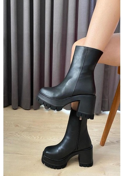 Kadın Leysi 8 cm Platformlu Topuklu Fermuarlı Bot Siyah