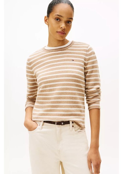 Kadın Yün Çizgili Bisiklet Yaka Kazak - Bej/beyaz