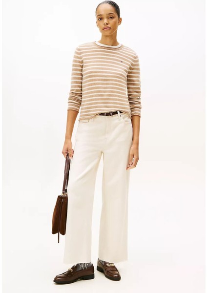 Kadın Yün Çizgili Bisiklet Yaka Kazak - Bej/beyaz fiyatları