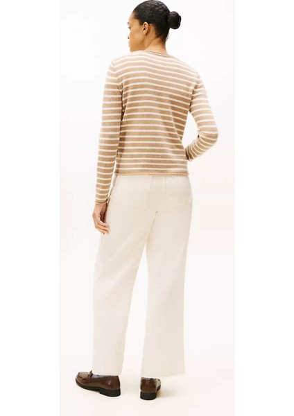 Kadın Yün Çizgili Bisiklet Yaka Kazak - Bej/beyaz modelleri