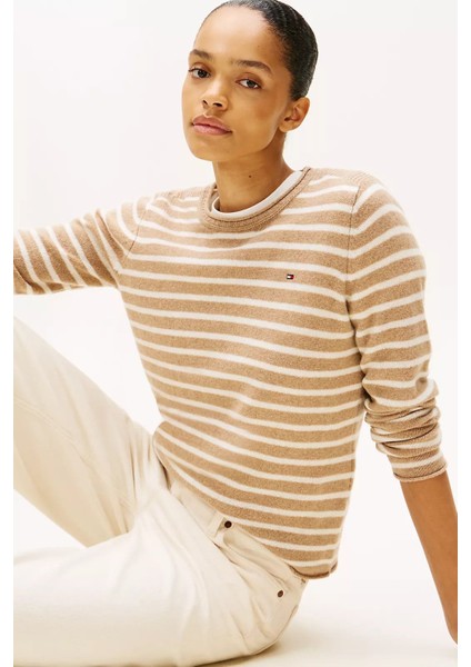 Kadın Yün Çizgili Bisiklet Yaka Kazak - Bej/beyaz fırsatları