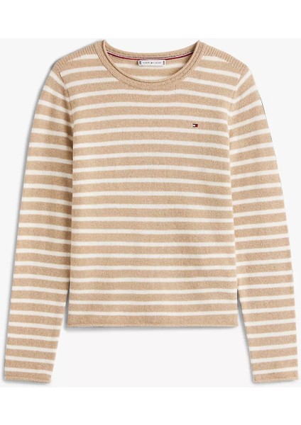 Kadın Yün Çizgili Bisiklet Yaka Kazak - Bej/beyaz indirimleri