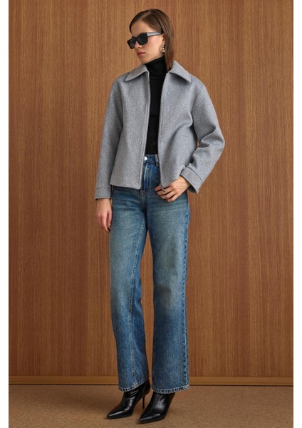 Fermuar Kapamalı Oversize Kısa Kaban AÇIK GRİ 3157
