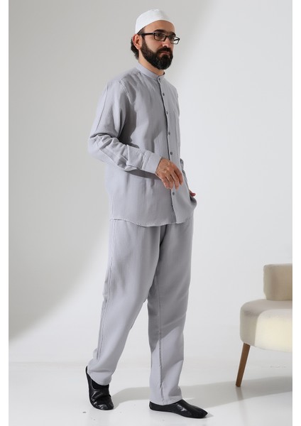 Erkek Müslin Hakim Yaka Cepli Gömlek Pantolon Ikili Takım, Hac Umre Kıyafeti - Gri (Ans)
