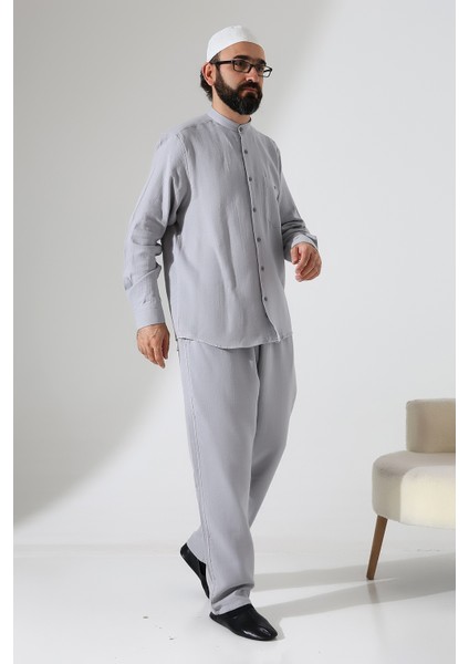 Erkek Müslin Hakim Yaka Cepli Gömlek Pantolon Ikili Takım, Hac Umre Kıyafeti - Gri (Ans) fiyatları