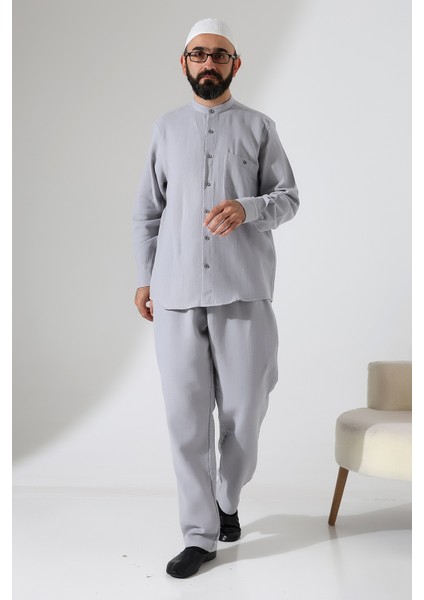 Erkek Müslin Hakim Yaka Cepli Gömlek Pantolon Ikili Takım, Hac Umre Kıyafeti - Gri (Ans) fırsatları