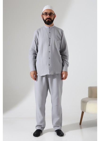 Erkek Müslin Hakim Yaka Cepli Gömlek Pantolon Ikili Takım, Hac Umre Kıyafeti - Gri (Ans) indirimleri