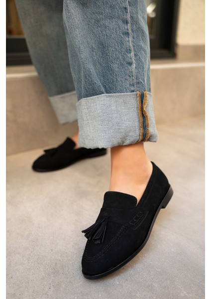 Leather Siyah Süet Püskül Detaylı Düz Taban Ayakkabı fiyatları