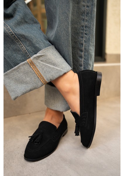 Leather Siyah Süet Püskül Detaylı Düz Taban Ayakkabı modelleri