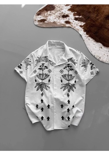 Iki Iplik Kumaş Baskılı Gömlek - Beyaz