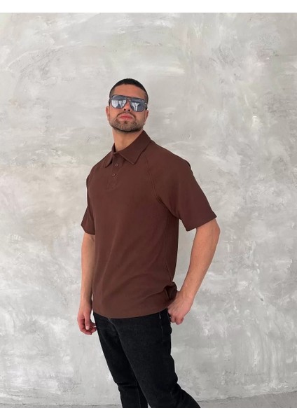 Yakalı Patlı Kısa Kol T-Shirt - Kahverengi