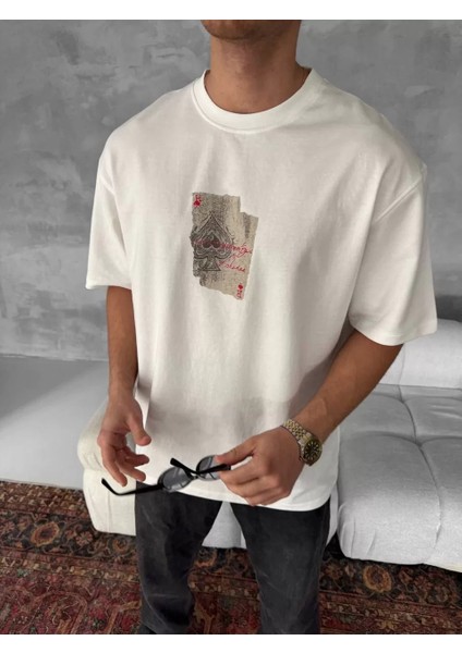 Ön ve Arka Baskılı Oversize Bisiklet Yaka T-Shirt - Beyaz