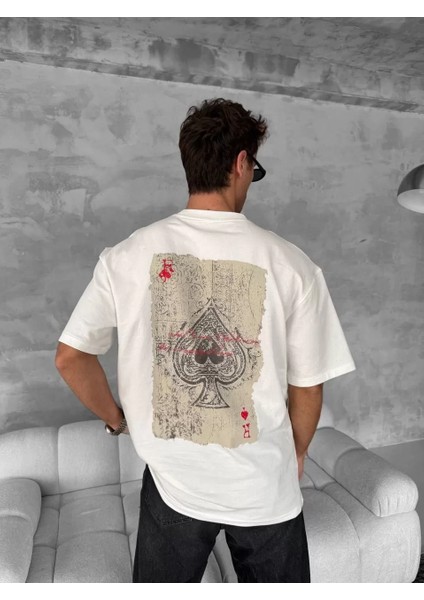Ön ve Arka Baskılı Oversize Bisiklet Yaka T-Shirt - Beyaz modelleri