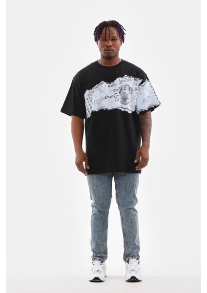 Unisex Bisiklet Yaka Baskılı Oversize T-Shirt - Siyah indirimleri