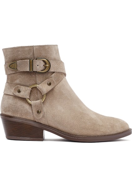 Kadın Bej Fermuarlı Süet Deri Kovboy Bot 25AFD201910