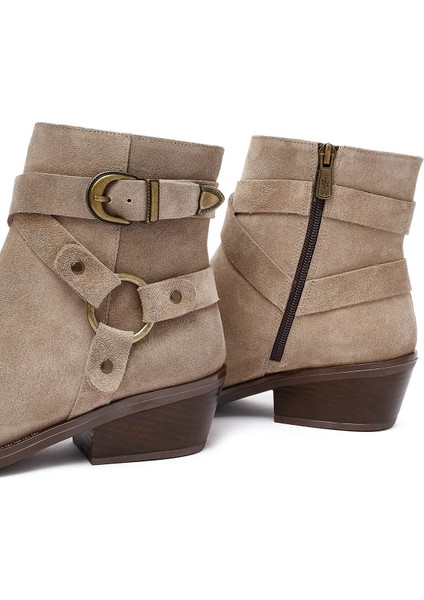 Kadın Bej Fermuarlı Süet Deri Kovboy Bot 25AFD201910