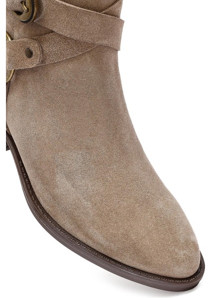 Kadın Bej Fermuarlı Süet Deri Kovboy Bot 25AFD201910