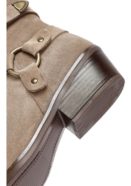 Kadın Bej Fermuarlı Süet Deri Kovboy Bot 25AFD201910