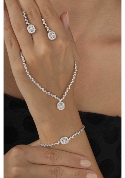 Pırlanta Montür Sıralı Tek Taş Rodyum Kaplama Baget Gümüş Düğün Seti