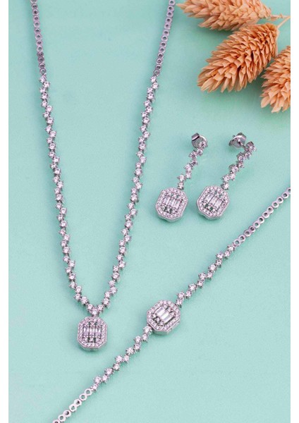 Pırlanta Montür Sıralı Tek Taş Rodyum Kaplama Baget Gümüş Düğün Seti fırsatları