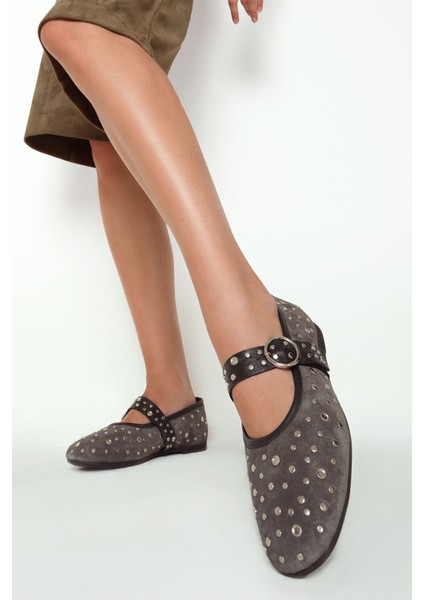 Kadın Antrasit Tokalı Süet Deri Babet 25AFD270810