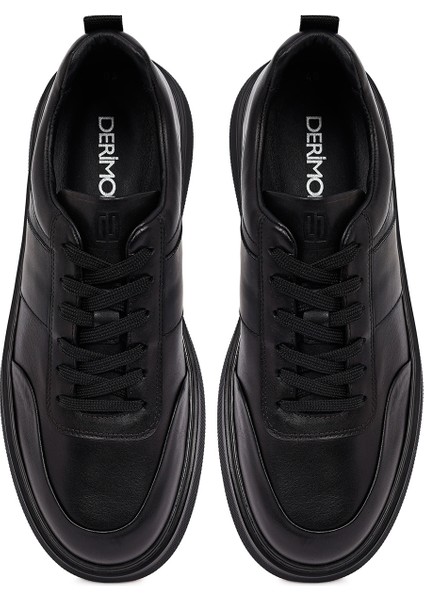 Erkek Siyah Bağcıklı Kalın Tabanlı Deri Sneaker 25WFD641918
