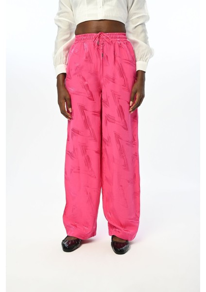 Kadın Beli Lastikli Bol Paça Desenli Fuşya Pantolon