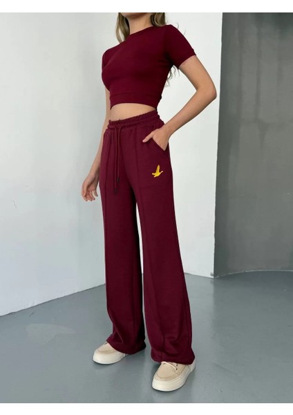 Osy Modal Yumuşak Dokulu Kumaş Nakış Işlemeli Rahat Bol Paça Eşofman Pantalon - Bordo