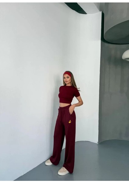 Osy Modal Yumuşak Dokulu Kumaş Nakış Işlemeli Rahat Bol Paça Eşofman Pantalon - Bordo indirimleri