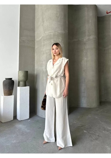 Keten Sıfır Kol Kuşaklı Ceket Pantolon Ikili Takım - Beyaz fırsatları