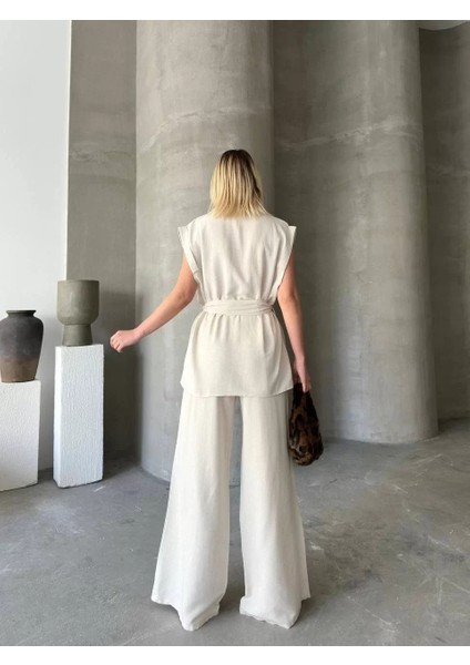 Keten Sıfır Kol Kuşaklı Ceket Pantolon Ikili Takım - Beyaz indirimleri