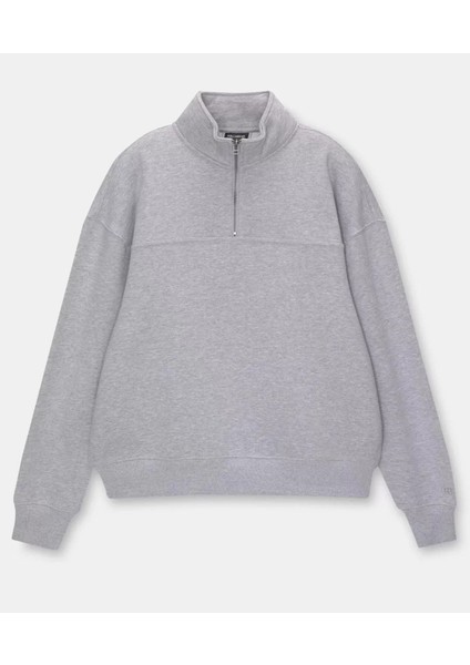Oversize Yarım Farmuarlı Yakalı Basic Sweatshirt - Gri fırsatları