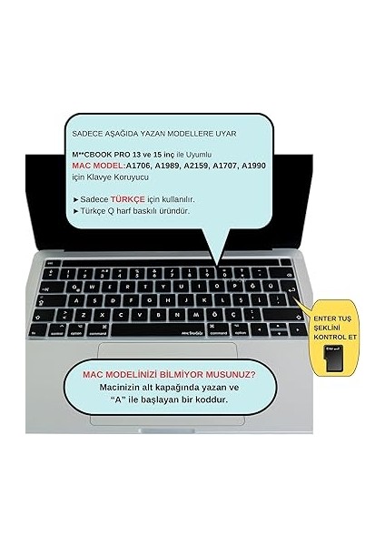 Macbook Pro Klavye Koruyucu (Türkçe Q) Touchbar'lı A1706 A1989 A2159 A1707 A1990 ile Uyumlu Siyah fiyatları