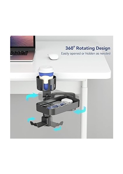 2 Kulaklık Kancalı Masa Altı Düzenleyici - Bardak Tutuculu Gizli Saklama Çekmecesi Tepsisi - Delme Yok Sağlam Döner C-Kelepçe Ofis Okul Ev Oyun Odası Aksesuarları Için Masaüstü Montajı modelleri