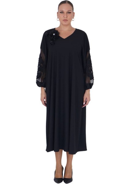 Büyük Beden Çiçek Motifli Tül Detaylı Kapri Kol V Yaka Uzun Kadın Elbise