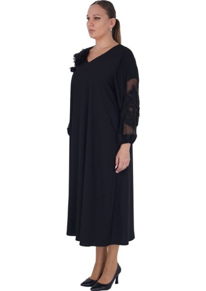 Büyük Beden Çiçek Motifli Tül Detaylı Kapri Kol V Yaka Uzun Kadın Elbise fiyatları