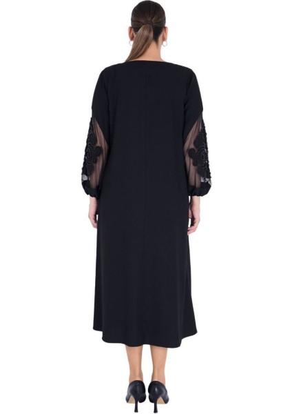 Büyük Beden Çiçek Motifli Tül Detaylı Kapri Kol V Yaka Uzun Kadın Elbise modelleri