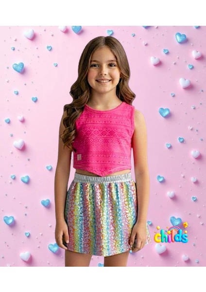 Alt Üst Ikili Yazlık Kız Çocuk Takım Crop Devore Üst Leopar Desen Baskılı Parlak Etek