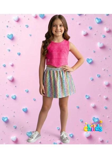 Alt Üst Ikili Yazlık Kız Çocuk Takım Crop Devore Üst Leopar Desen Baskılı Parlak Etek fiyatları