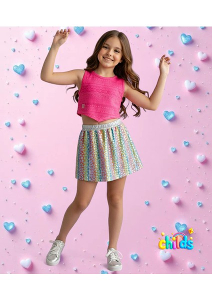 Alt Üst Ikili Yazlık Kız Çocuk Takım Crop Devore Üst Leopar Desen Baskılı Parlak Etek modelleri