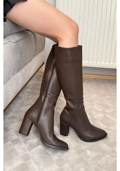 Kadın Lamor Yandan Fermuarlı Diz Altı Çizme Kahverengi