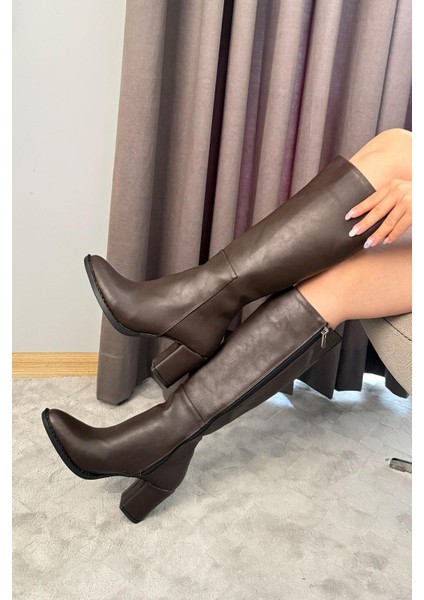 Kadın Lamor Yandan Fermuarlı Diz Altı Çizme Kahverengi fiyatları