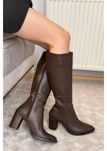 Kadın Lamor Yandan Fermuarlı Diz Altı Çizme Kahverengi modelleri