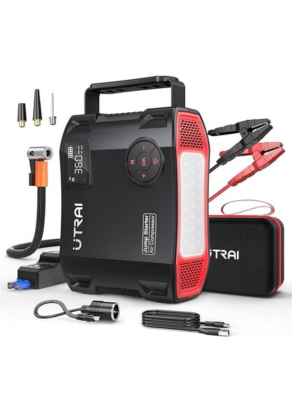 Jstar 5 24000MAH 2000A Jump Starter + Lastik Şişirme Pompası Taşınabilir Akü Takviye Cihazı (Çanta + LCD Ekran + Powerbank + LED Lamba)