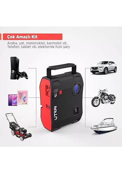 Jstar 5 24000MAH 2000A Jump Starter + Lastik Şişirme Pompası Taşınabilir Akü Takviye Cihazı (Çanta + LCD Ekran + Powerbank + LED Lamba) fiyatları