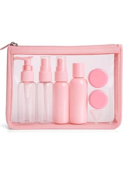 9 Parça Bej Seyahat Seti – Doldurulabilir Boş Şişe ve Krem Kutusu Seti | Şeffaf Çantalı, Uçak Kabin Onaylı (Pembe)
