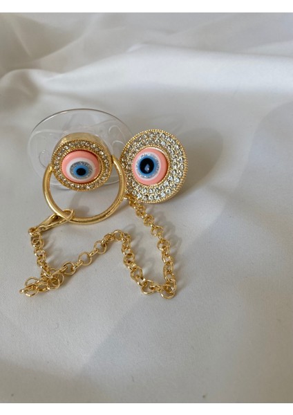 Nazar Boncuklu Emzik Seti – Altın Kaplama Zirkon Taşlı Emzik Zinciri Bebek Hediyelik