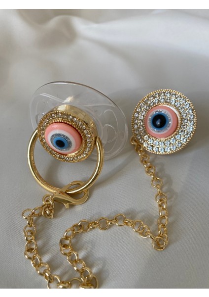 Nazar Boncuklu Emzik Seti – Altın Kaplama Zirkon Taşlı Emzik Zinciri Bebek Hediyelik fırsatları