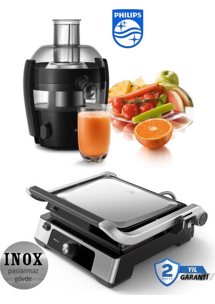 Inox Paslanmaz Gövde, +5000 Serisi Izgara ve Tost Makinesi 2200W+ Viva Collection Katı Meyve Sıkacağı+Hassas Mutfak Tartısı