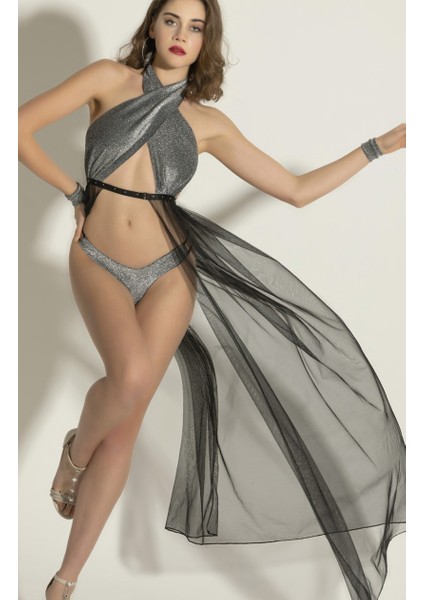 Gümüş Işıltılı Tül Detaylı Seksi Fantezi Iç Giyim Seti,3 Parça Seksi Fantazi Kostüm